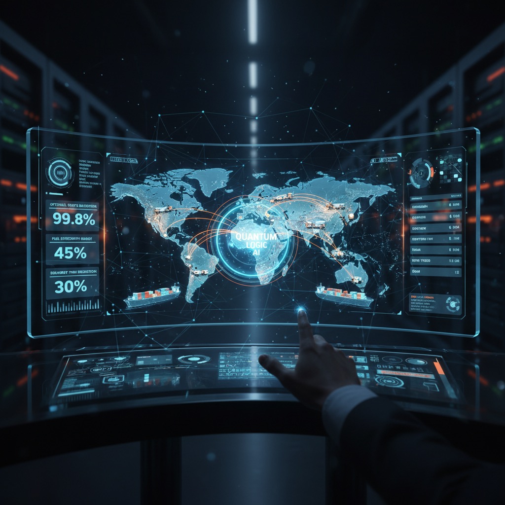 logistics optimization AI system selecting best shipping routes, map interface with glowing routes, trucks and cargo ships, futuristic UI