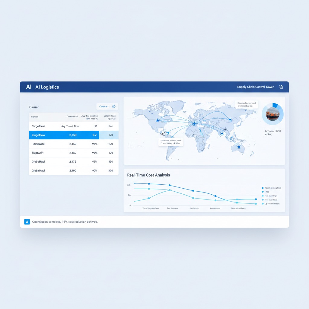 AI-powered logistics dashboard comparing multiple freight carriers, real-time cost analysis, route optimization map, supply chain control tower, modern blue and white SaaS design, professional enterprise software interface, ultra realistic.