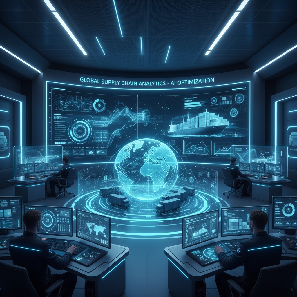 futuristic logistics control center, AI analyzing global supply chain data, holographic maps, freight trucks and shipping containers, modern blue tech aesthetic